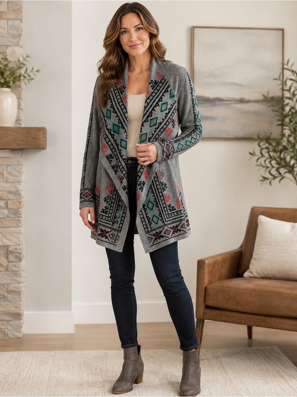Gray Open-front Draped Cardigan W/Embroidery colorful Aztec Print
